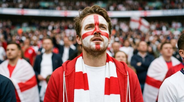 Close Up Hopeful England Football Fan With National Flag Face Paint Supporting International Tournament