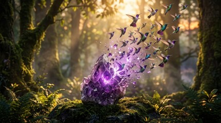 Fototapeta premium Amethyst crystal transforming into flock of hummingbirds in magical forest