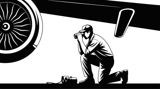 Black and white of an aviation technician kneeling with binoculars examining an airplane engine and wing section