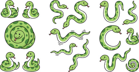 Cute Green Cartoon Snake Character Mascot Set Featuring Various Poses Slithering Coiled and Smiling Reptile Illustrations for Kids Graphic and Pattern Design
