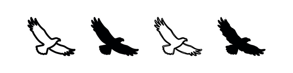 Fototapeta premium Eagle in flight icons: bird of prey in outline and solid fill