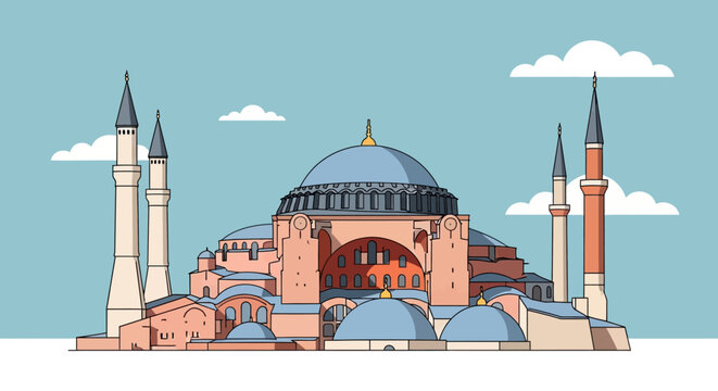 Stylized illustration of the historic Hagia Sophia mosque and museum in Istanbul, Turkey, under a clear blue sky with clouds.