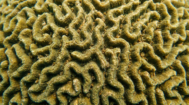Macro photograph showing the complex, meandering ridges and valleys of a brain coral colony. Perfect for marine life and texture backgrounds.
