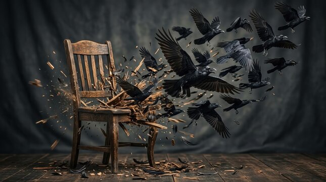Wooden chair shattering into a flock of black crows
