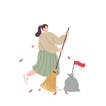 kerja bakti, gotong royong, sweeping, cleaning, indonesian flag, community service, clean up day, woman sweeping, broom, volunteering, community work, environmental care, indonesia independence day