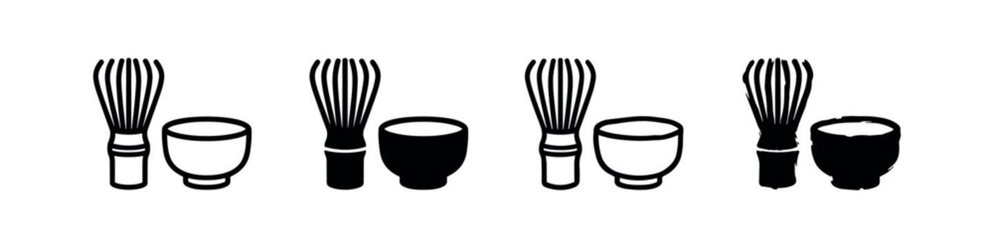 Matcha tea whisk and bowl icon set