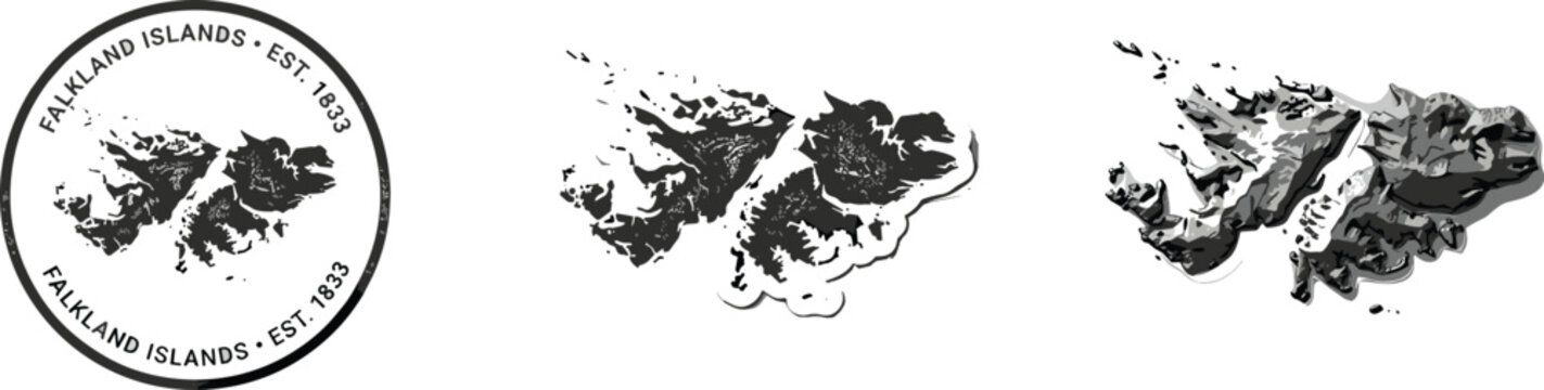 Falkland Islands Map and Postal Stamp Vector Design Set Featuring Textured Geographic Outlines and Circular Postmark Emblem Elements on White Background