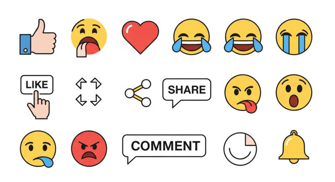 Collection of social media icons and emojis.