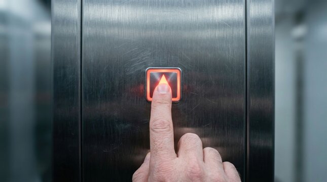 Finger pressing illuminated elevator button for upward travel.
