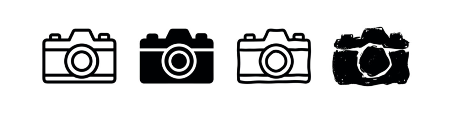 Four black and white icons of cameras, including vintage and modern styles.