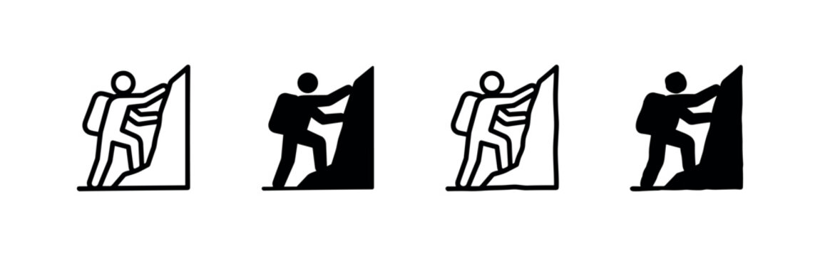 Four black and white icons of a climber on a rock face, with different styles.