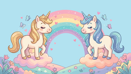 Cute magical unicorn vector illustration with two cartoon ponies standing on clouds in front of a pastel rainbow backdrop background for nursery birthday card design. © Lili Begum