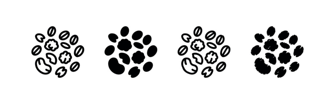 Set of four stylized black and white nut and seed icons, abstract food mix