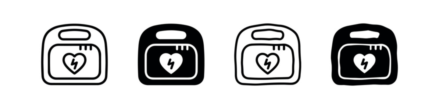 AED (Automated External Defibrillator) icon set. Emergency medical device for cardiac arrest vector illustration.