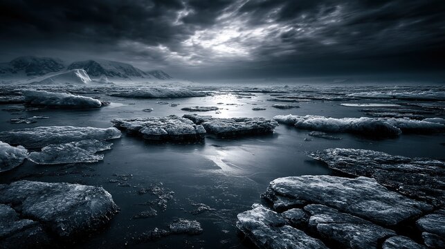 Dramatic dark arctic landscape with floating ice chunks on frozen dark ocean water and distant snow-covered mountains under moody storm cloudy sky