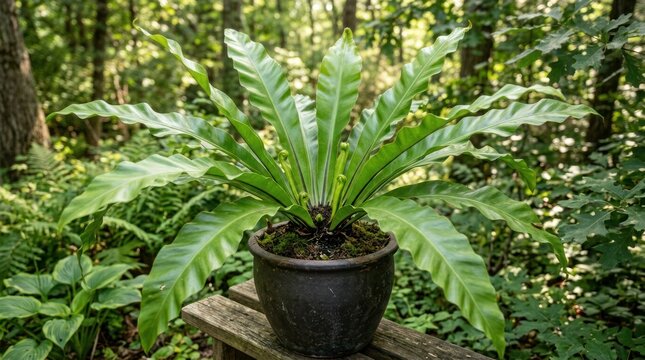 Lush Birds Nest Fern Plant in a Dark Pot Outdoors.