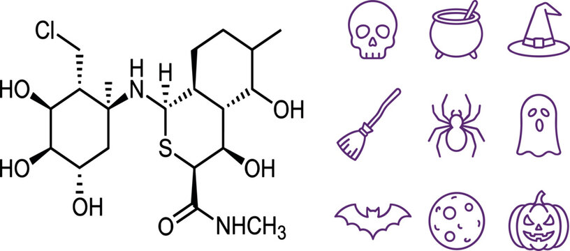 Science chemical molecular formula structure vector set alongside purple Halloween line icons featuring skull cauldron witch hat ghost spider and pumpkin.