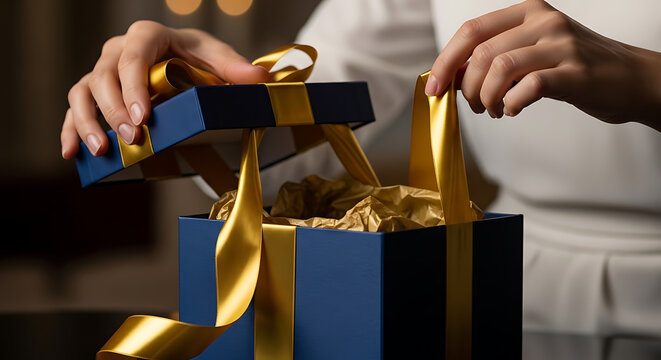 Opened gift box with golden ribbons and crumpled paper celebratory photo present