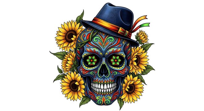 Vibrant Day of the Dead inspired sugar skull illustration with intricate patterns, adorned with a stylish fedora hat and bright sunflowers, celebrating cultural artistry and life