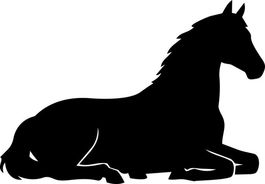Horse silhouette resting in a prone position highlights a tranquil posture that is ideal for minimalist design compositions requiring a clean aesthetic and a sense of stillness for print media.