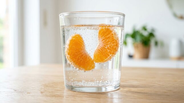 Refreshing Citrus Water with Mandarin Orange Slices in a Clear Glass.