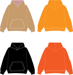 Blank hoodie mockup vector set, oversized sweatshirt technical drawings in black and orange, streetwear apparel design templates for fashion branding © Rungprue