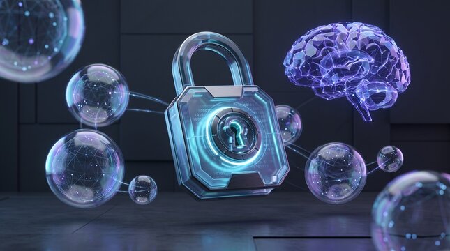 concept featuring a futuristic padlock with glowing binary code and keyhole, connected to a digital human brain and network data spheres for AI safety and privacy.