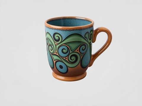 Handmade Ceramic Mug with Spiraling Teal and Green Design