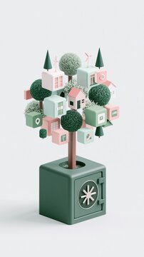 Minimal 3D family tree illustration emerging from a trust vault with tiny house condo and land parcel icons in soft pastel labels on white background crisp studio lighting