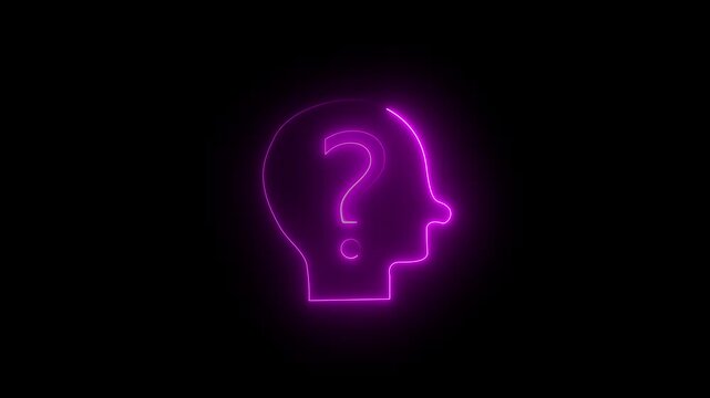Neon line Human head with question mark icon black background.