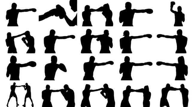 Silhouette people performing various boxing poses isolated on transparent background, Vector