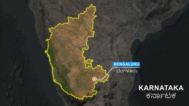Karnataka state map highlight animation, Pointing the capital Bengaluru in a star marker and label text, Location Visualization, outline glowing, geographic and political map