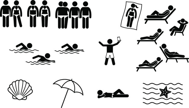  Beach vacation stick figure vector icons set with people swimming sunbathing relaxing on lounge chairs isolated on white background