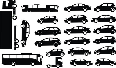  Car and truck vehicle silhouette vector set with black shapes of sedan hatchback bus and transport isolated on white background flat illustration © Partho