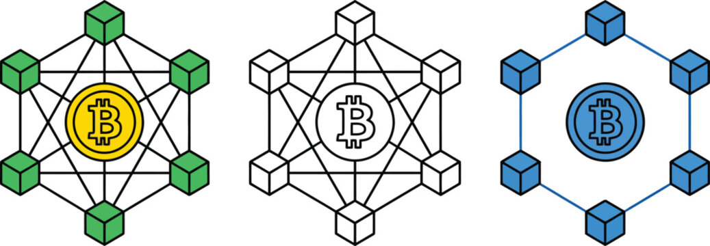  Blockchain network vector icons set with bitcoin cryptocurrency coins and 3d cubes grid abstract design elements isolated on white background