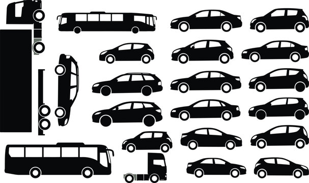  Car and truck vehicle silhouette vector set with black shapes of sedan hatchback bus and transport isolated on white background flat illustration