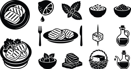 Grilled Halloumi Cheese Recipe Cooking Vector Set Featuring Served Plates, Fresh Salad, Squeezed Lemon, Mint Leaves, Olive Oil Bottles, and Basket Elements © RONI