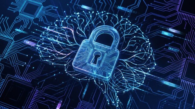 A digital illustration showcases a glowing padlock overlaid with a neural network, symbolizing cybersecurity and data protection.