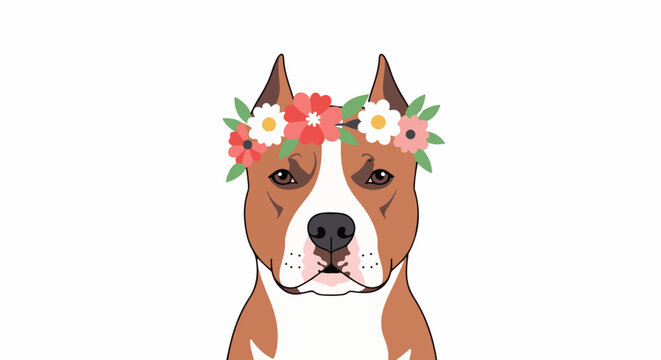 Pit bull dog wearing a floral crown, front view, white background