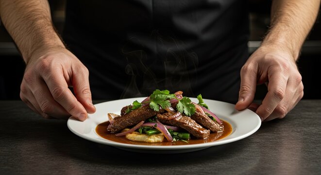 A chef presents a savory dish of meat and herbs on a plate.