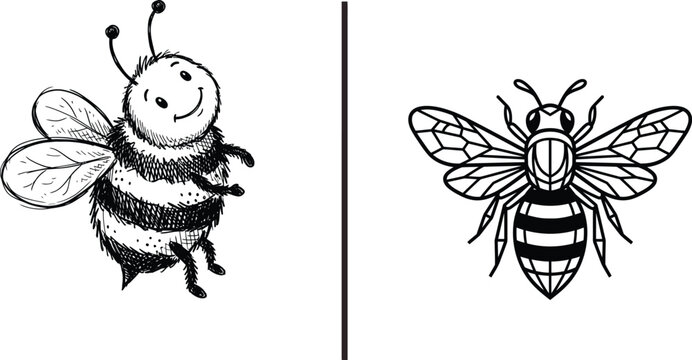  Honey bee vector icons set with cute cartoon bumblebee sketch and geometric line art insect design isolated on white background