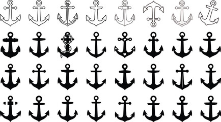  Nautical anchor vector icons mega bundle with black silhouettes and outline line art designs isolated on white background © Partho