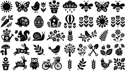  Spring and summer garden mega bundle black silhouettes vector icons set with birds flowers and insects isolated on white background © Partho