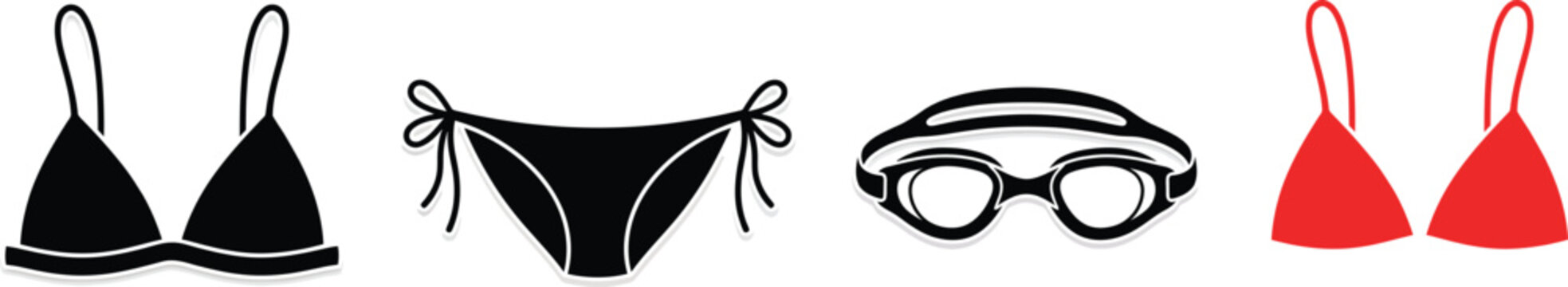  Swimwear and swimming goggles vector icons set with bikini swimsuit top bottoms and red lingerie isolated on white background