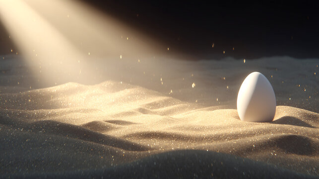 Single white egg resting on sand dunes under a beam of soft sunlight with sunlight