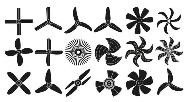 Ceiling fan blades, propeller icons, ventilation symbols, 16 black silhouette graphics