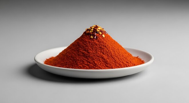 A pile of red chili powder spice on a small white plate for cooking and food seasoning. aleppo pepper powder