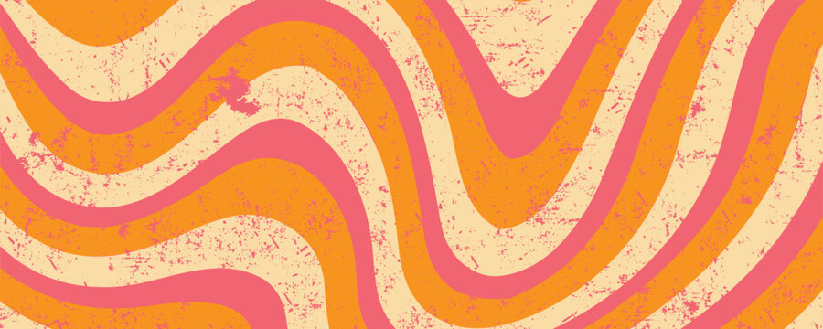1970 Wavy Swirl Seamless Pattern in Orange and Pink Colors. Hand-Drawn Vector Illustration. Seventies Style, Groovy Background, Wallpaper, Print. Flat Design, Hippie Aesthetic.