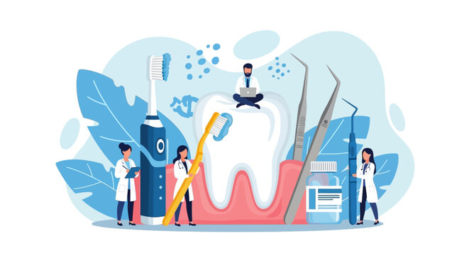 Dental care, tooth brushing, oral hygiene, illustration, vector graphics, medical icons, healthcare symbols