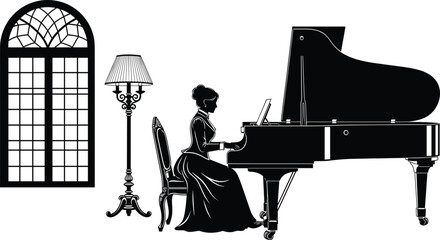Vintage grand piano performance silhouette vector illustration featuring elegant musician interior decor and classical music ambiance © MDSabbir